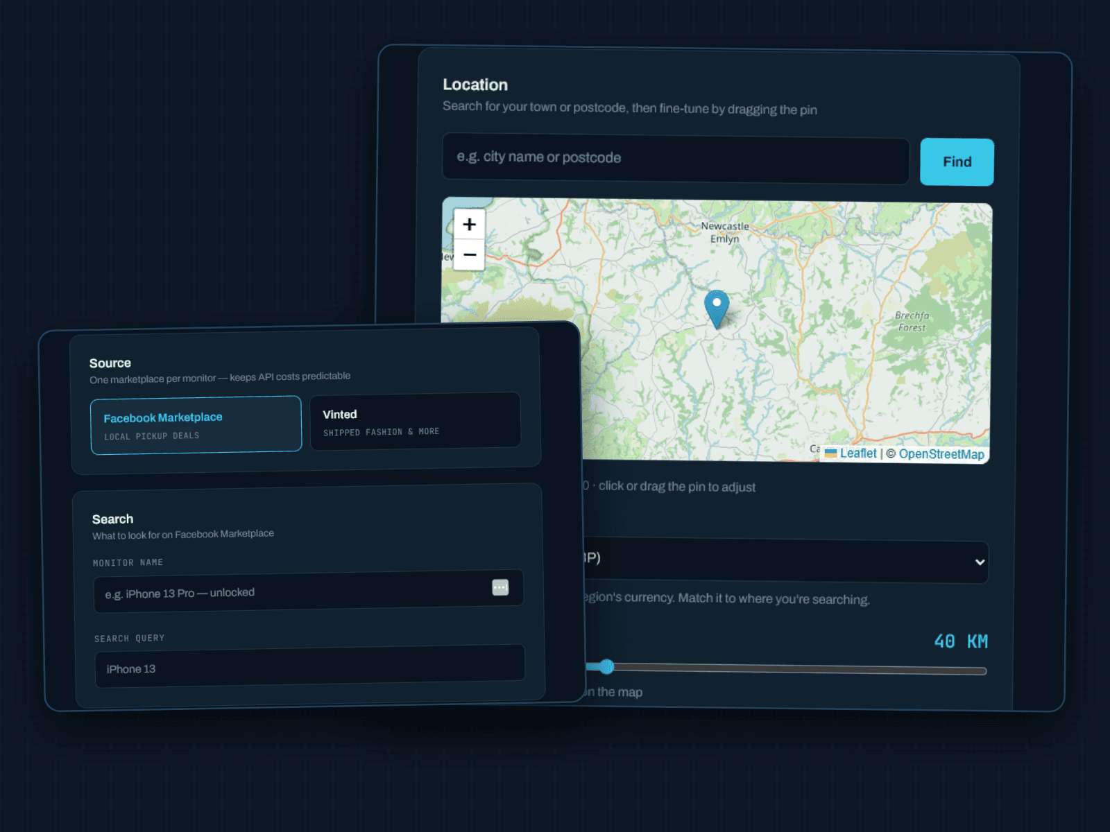 DealSonar monitor setup: source picker, search fields, and location map with search radius